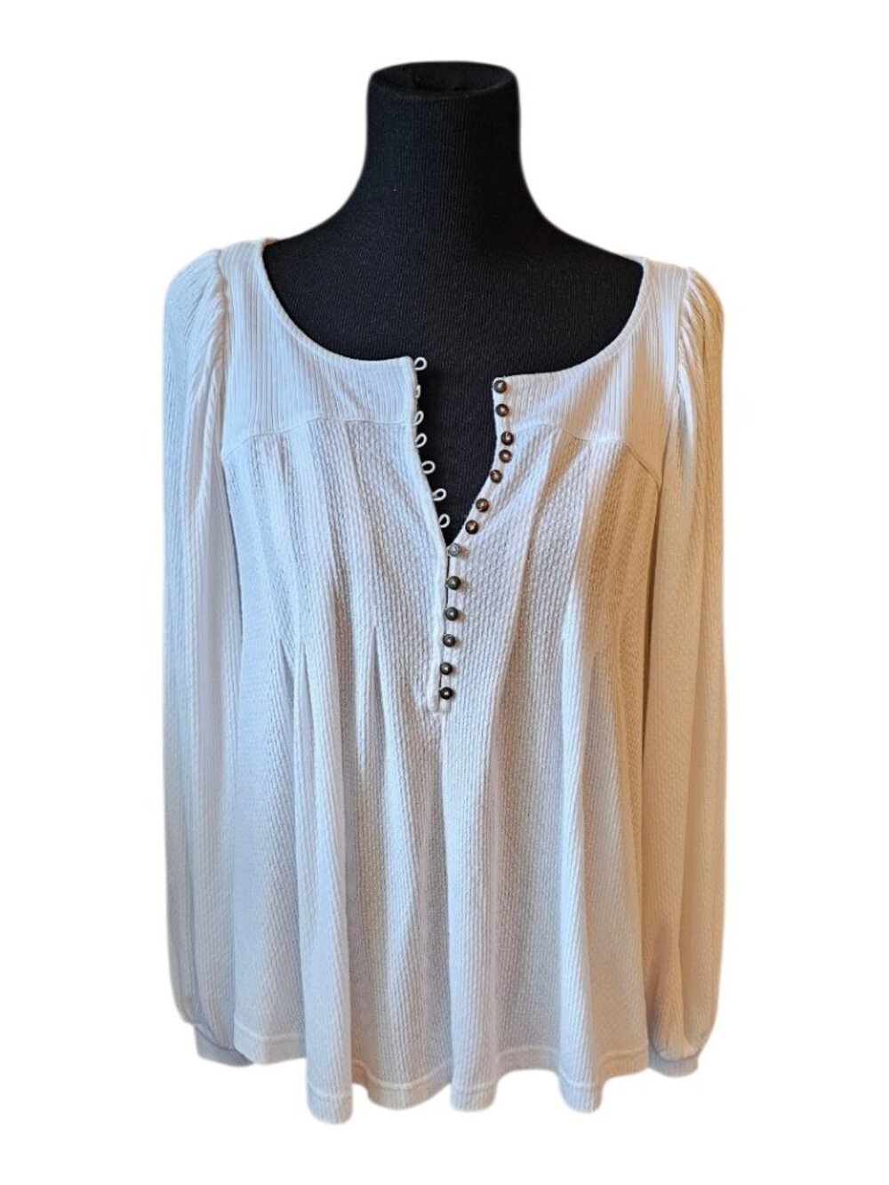 Free People Devin Top XS Ivory Thermal Henley Peasant Boho Oversized